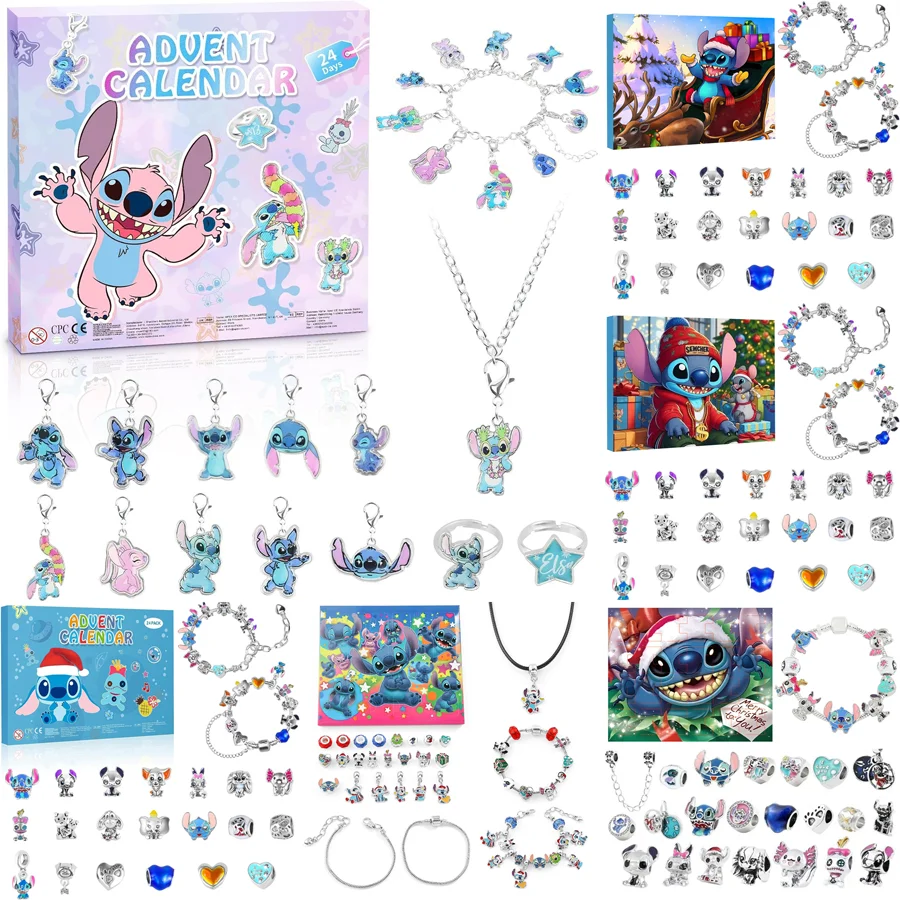 

6 Styles Disney Stitch Christmas Advent Calendar Blind Box 24 Days Xmas Countdown DIY Jewelry Bracelet Necklace Making Kit Gift