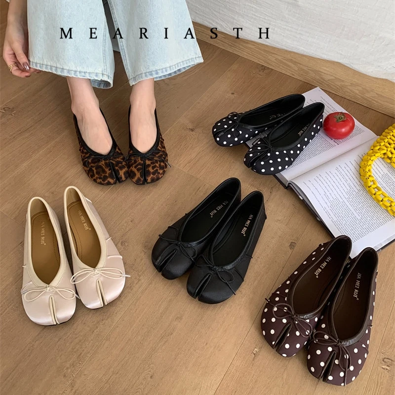 Luxury Satin Silk Dot pattern Ballet tabi Shoes Woman Classic Split Toe Bowtie Elastic Band Ballerina Flats Ladies Soft Loafers