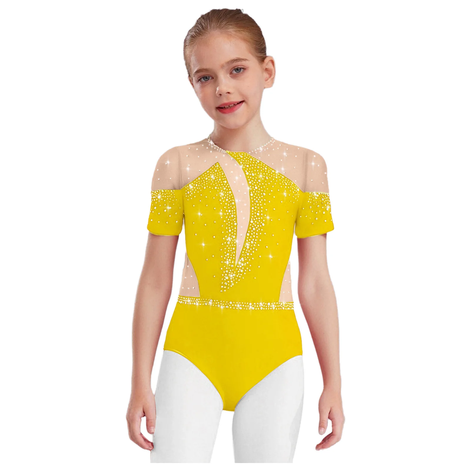 여자 스케이트 발레 댄스 레오타드 공연 의상 체조 드레스 반팔 쉬어 메쉬 패치 워크 라인 석 바디 슈트