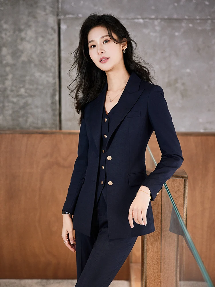 

Женский деловой костюм Diisshia 2025: пиджак, брюки и жилет в темную клетку, шерстяной, с длинным рукавом, на одной пуговице, классический воротник