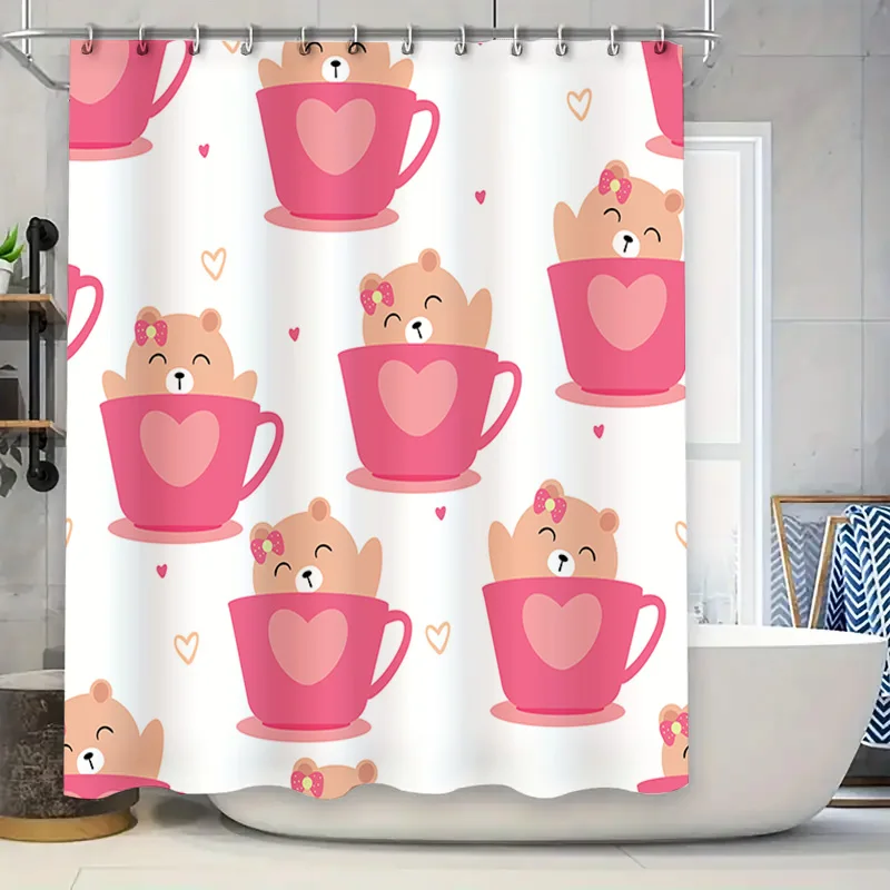 Pink Teddy Bear Tea Cup Shower Curtain Bathroom Decor for Girls and Women Cute Animal Print Wall Hangings Pink Love Hearts Size:
