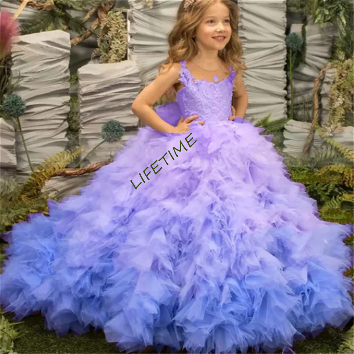 Flower Girl Dress Gorgeous Sleeveless Tulle Lace Layered Princess Ball First Communion Dresses Kids Surprise Birthday Present