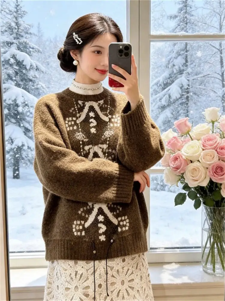 

Ретро-костюм с круглым вырезом и цветными блоками: топ и юбка, женская модная коллекция весна, юбка с высокой талией, вязаный комплект.