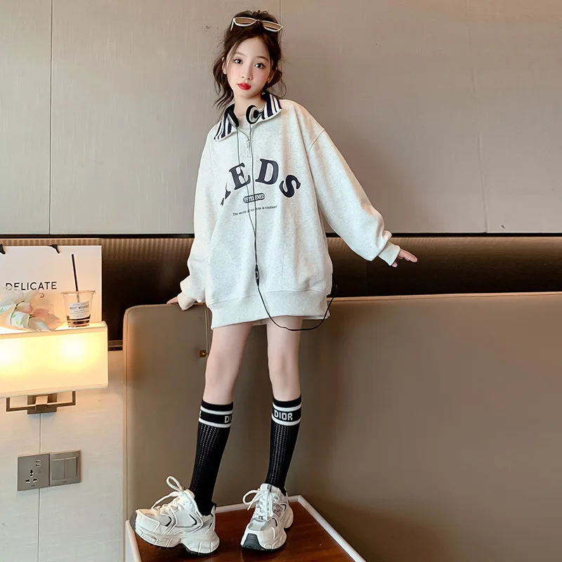 2024 Korean Spring Autumn Junior Girl Sweatshirt School Girl Letter Printed Half Zip Sport Shirt Children Girl Long Sleeve Tops