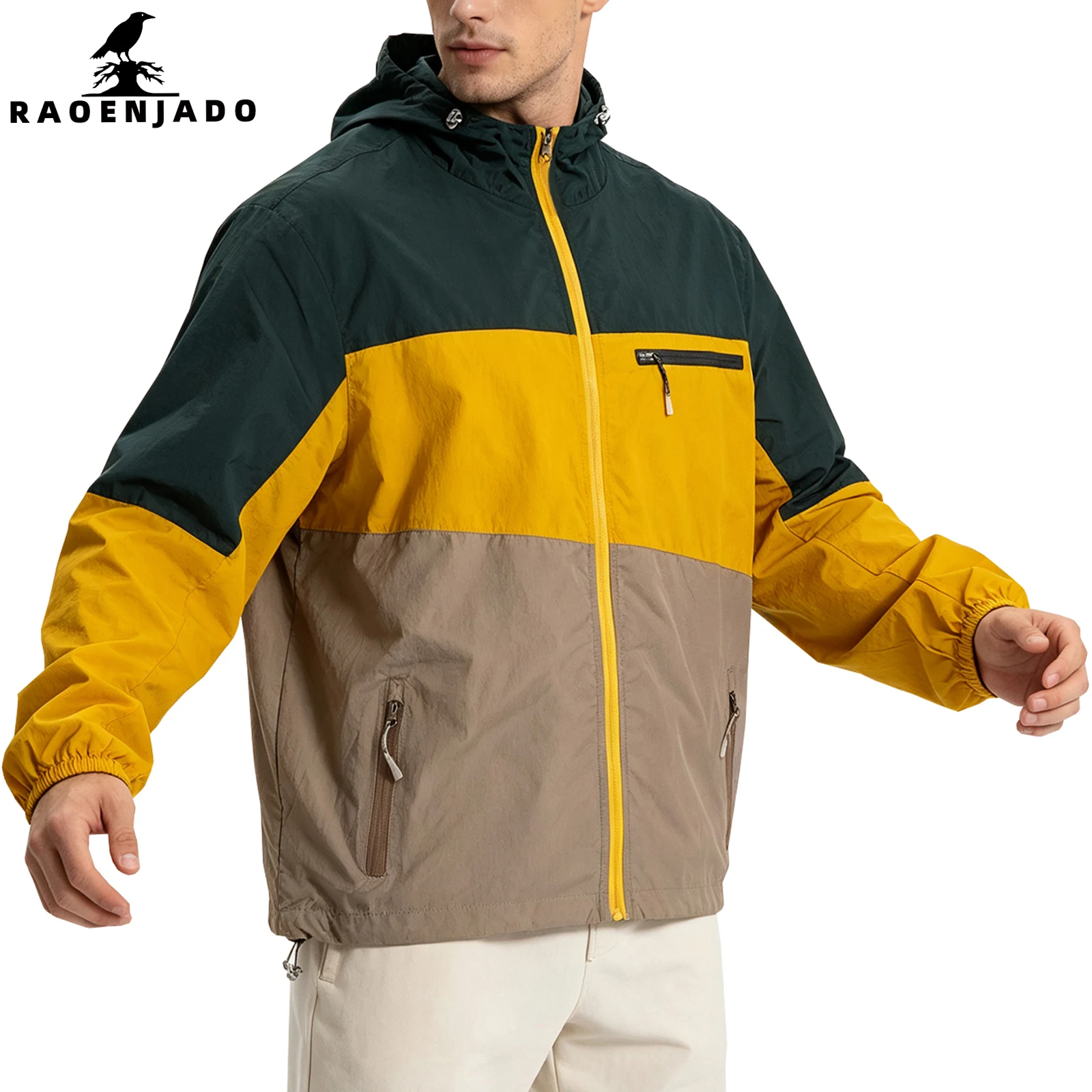Men's UV-protective Jacket Breathable Quick-Dry Thin Coat Colorblock Windbreaker with Multiple Zipper Pockets for Outdoor Hiking