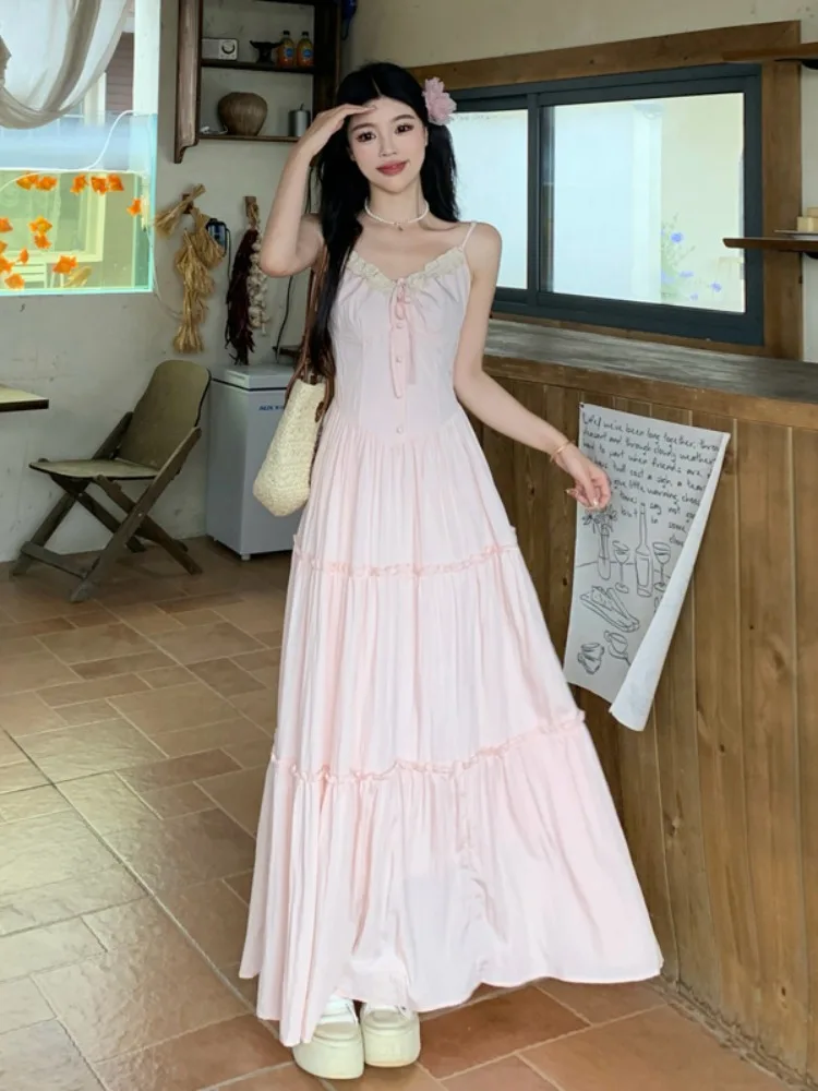 

plus Size Summer New Pink Romantic Strap Long Dress V-Neck Vacation Style Women's Clothing Breathable Casual Fashion Set
