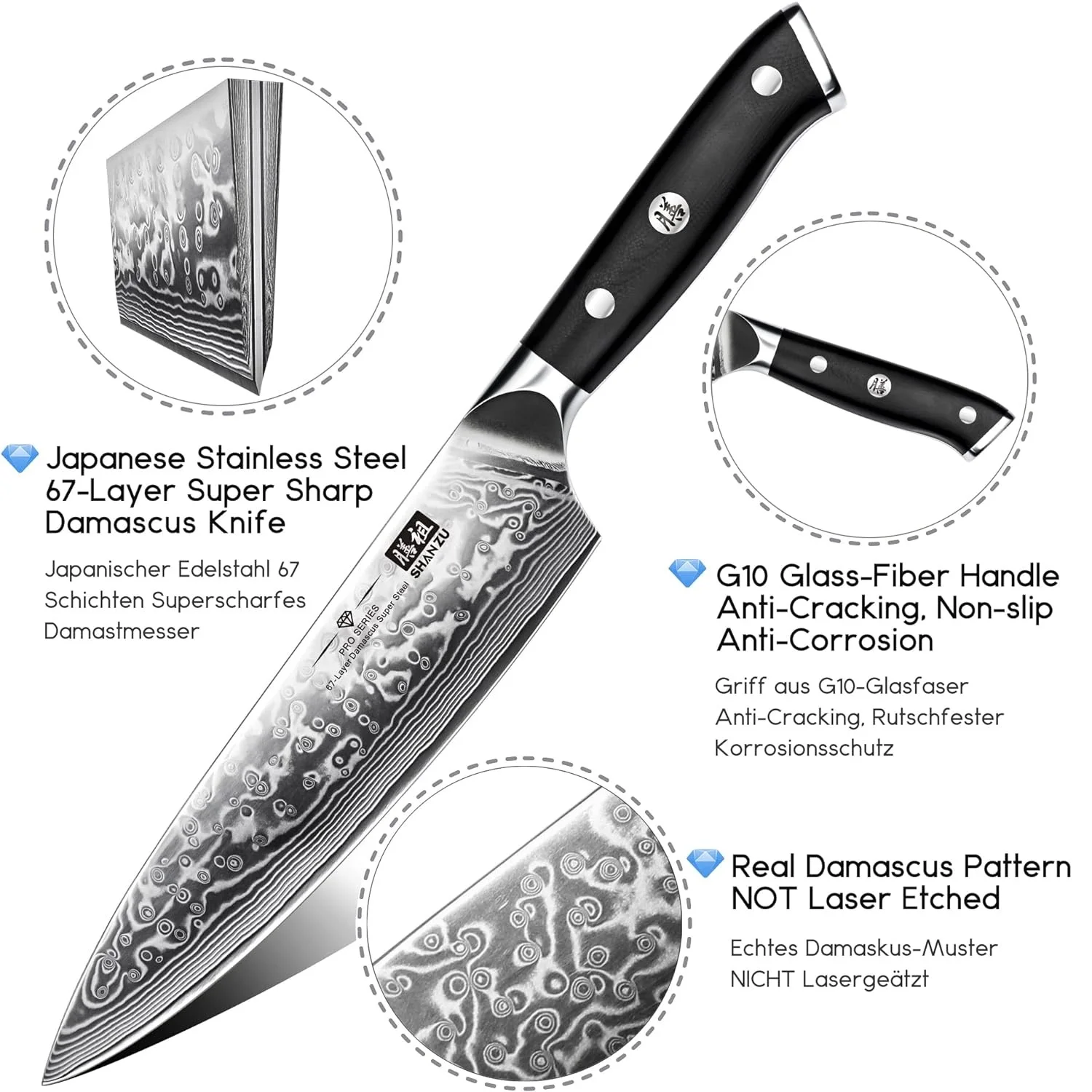 SHAN ZU 67 Layers 8'' Damascus Steel Chef Knife, AUS-10, Professional Japanese Kitchen Cooking Knife,Ergonomic Handle, Gift Box