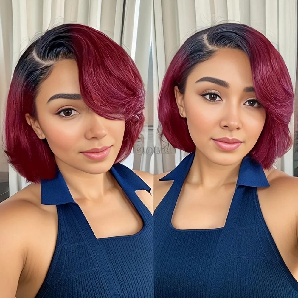 

Human Hair Colored 99J 4# Short Bob Straight Wig For Women Pixie Cut Wig Transparent 13x4 Lace Frontal Wigs