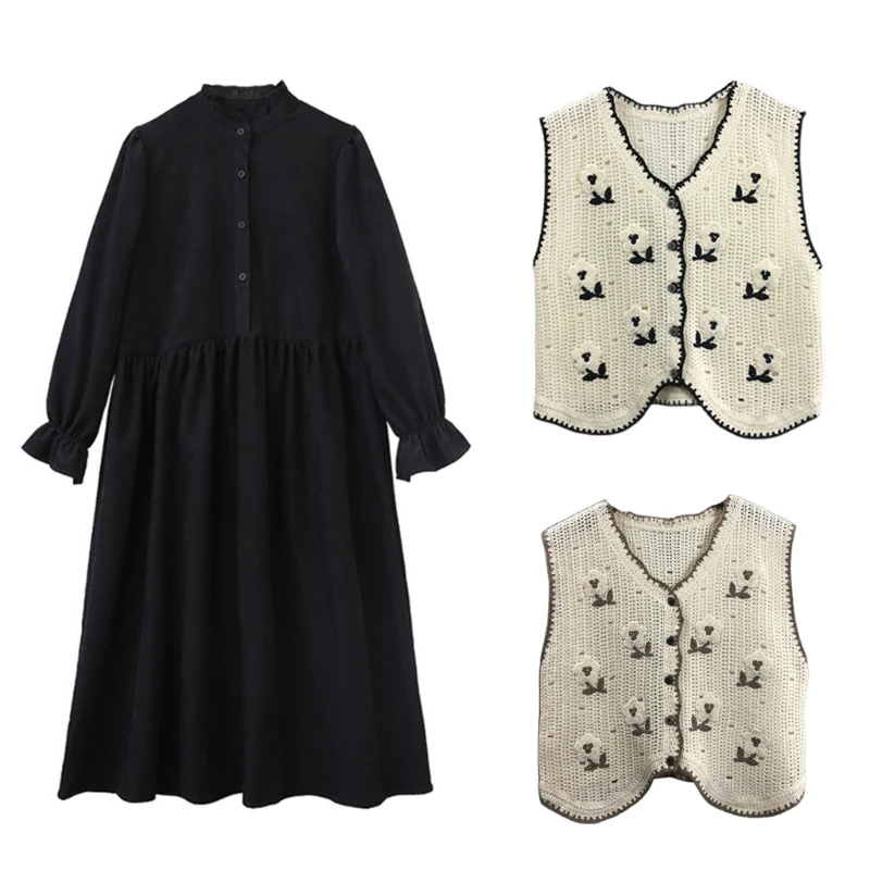 E15E Boho Women Crochet Knit Vest Waistcoat Floral Pattern Sleeveless V-Neck Cardigan