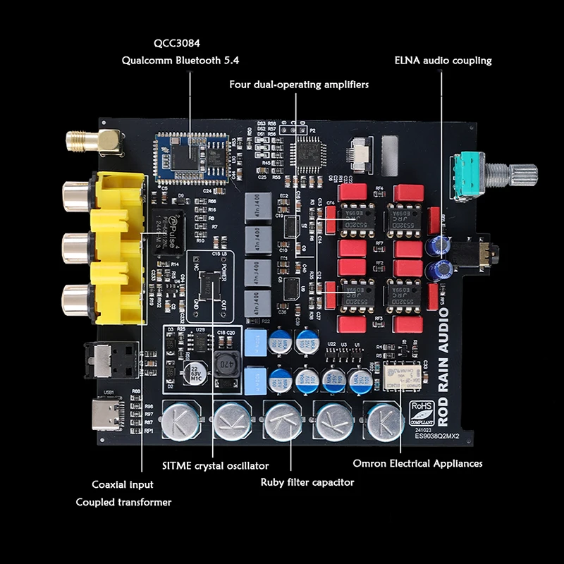 Rod Rain QCC3084 Bluetooth 5.4 Dual ES9038Q2M HD DAC DSD Decoder HI-FI Bluetooth Receiver APTX-HD LDAC USB Fiber Coaxial Input