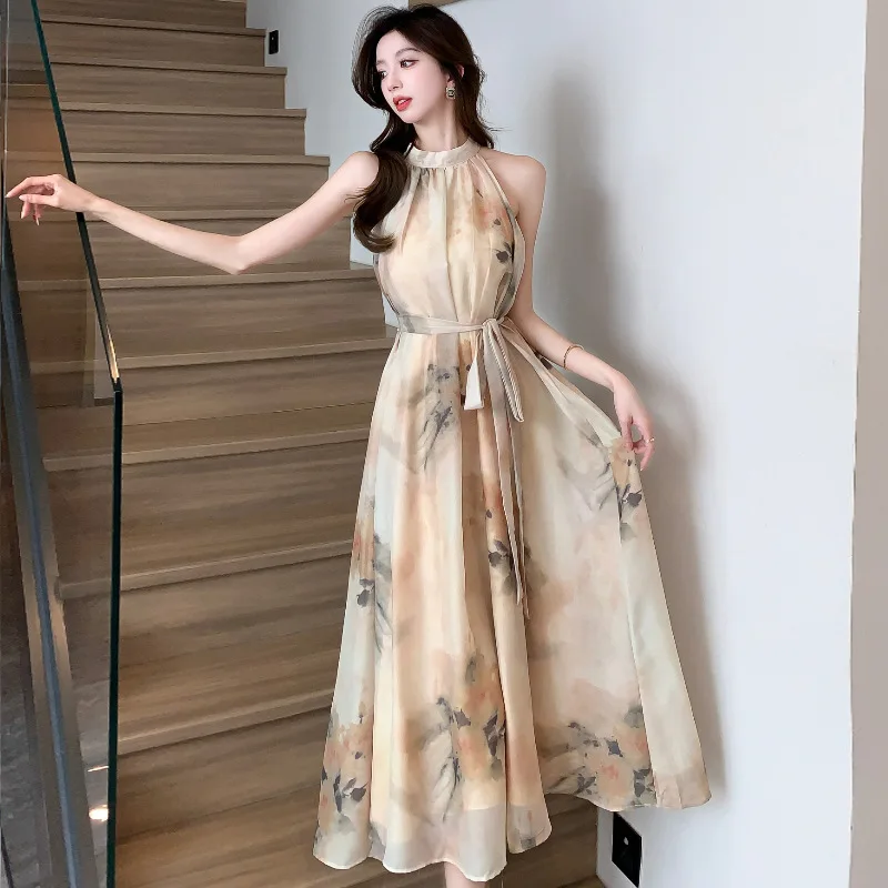 Super Fairy Floral Strap Chinese Style Summer Printed Halter Sleeveless High-Grade Long Dress Large Swing Skirt