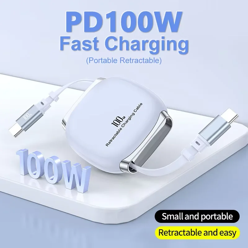 Cabo de Carregamento Rápido Retrátil USB-C para USB-C 240W com Enrolamento Automático para Viagem, Carregamento de Celular, Tablet e Laptop para iPhone, Samsung, Huawei