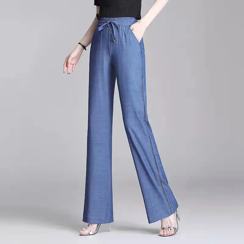 Ice Silk Denim Wide Leg Pants Women's Summer Thin Mother Jeans Elastic High Waist Straight Trousers Female Ankle-Length Pants