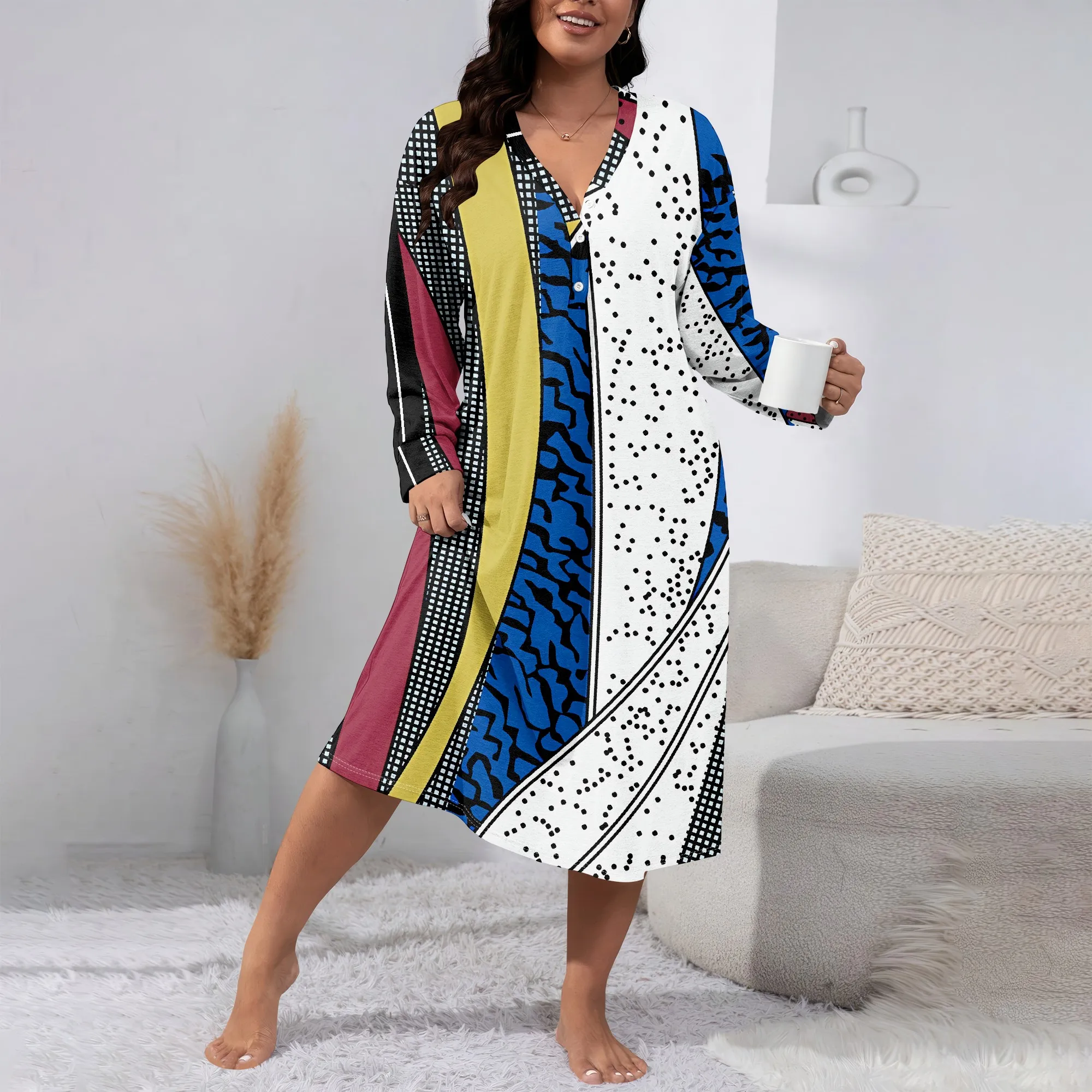 

Women's Autumn 3D Fashion Printed V-neck Casual Long sleeved Dress