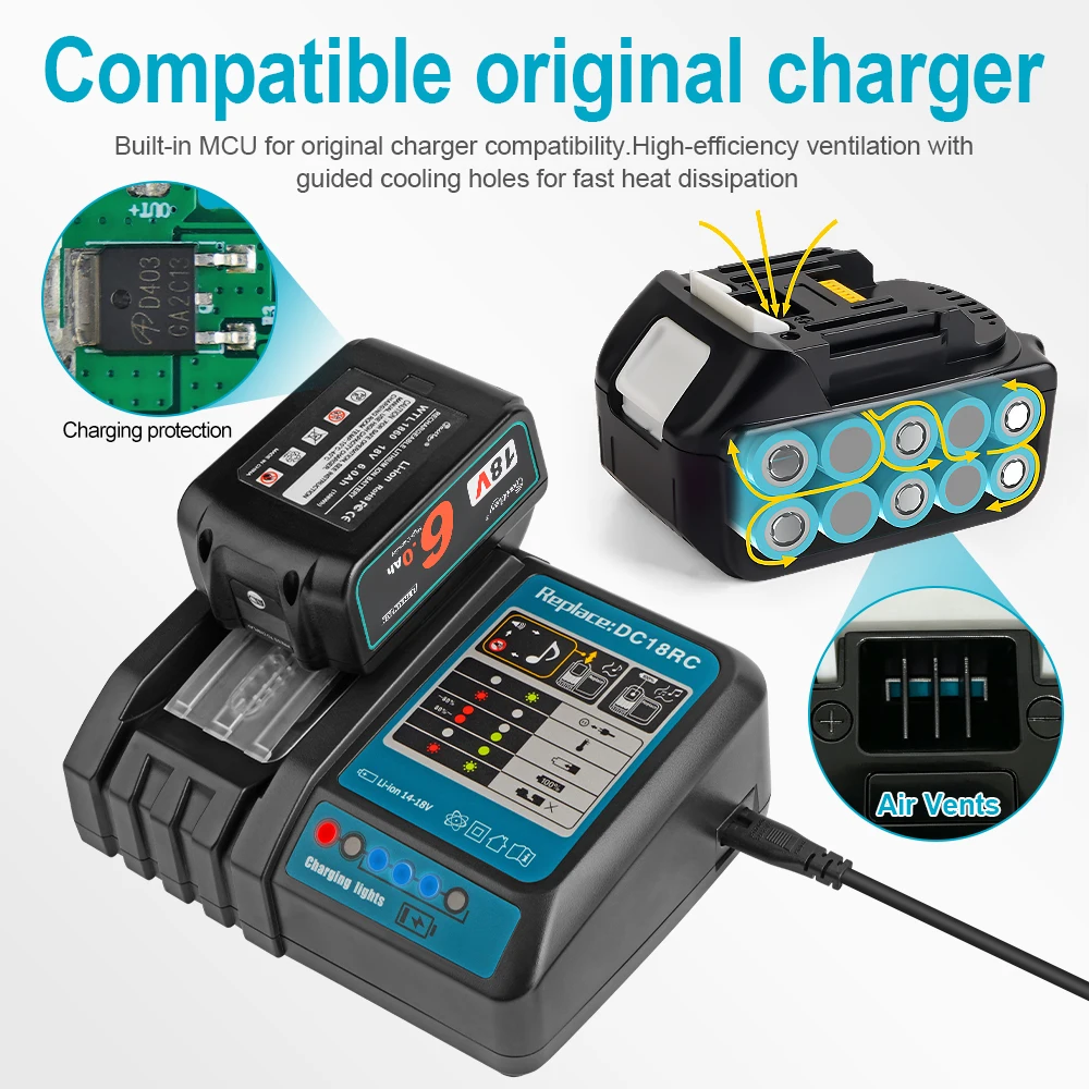 Akumulator Waitley 18V do elektronarzędzi Makita, akcesoria zamienne BL1860 BL1850 / Akumulatory litowo-jonowe — zdjęcie produktu 6