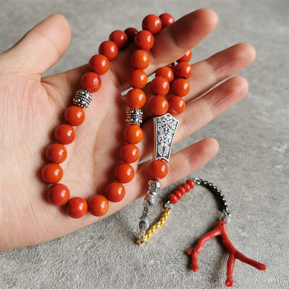 Muslim Rosary Misbaha 33 Beads High Grade Natural Orange Coral Stone 8mm 10mm Islamic Tasbih Prayer Beads