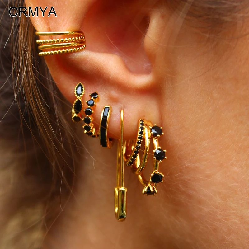 CRMYA Black CZ Zircon Women's Earrings Set Fashion Copper Gold Plated Hoop Drop Earrings For Women 2023 Jewelry Wholesale