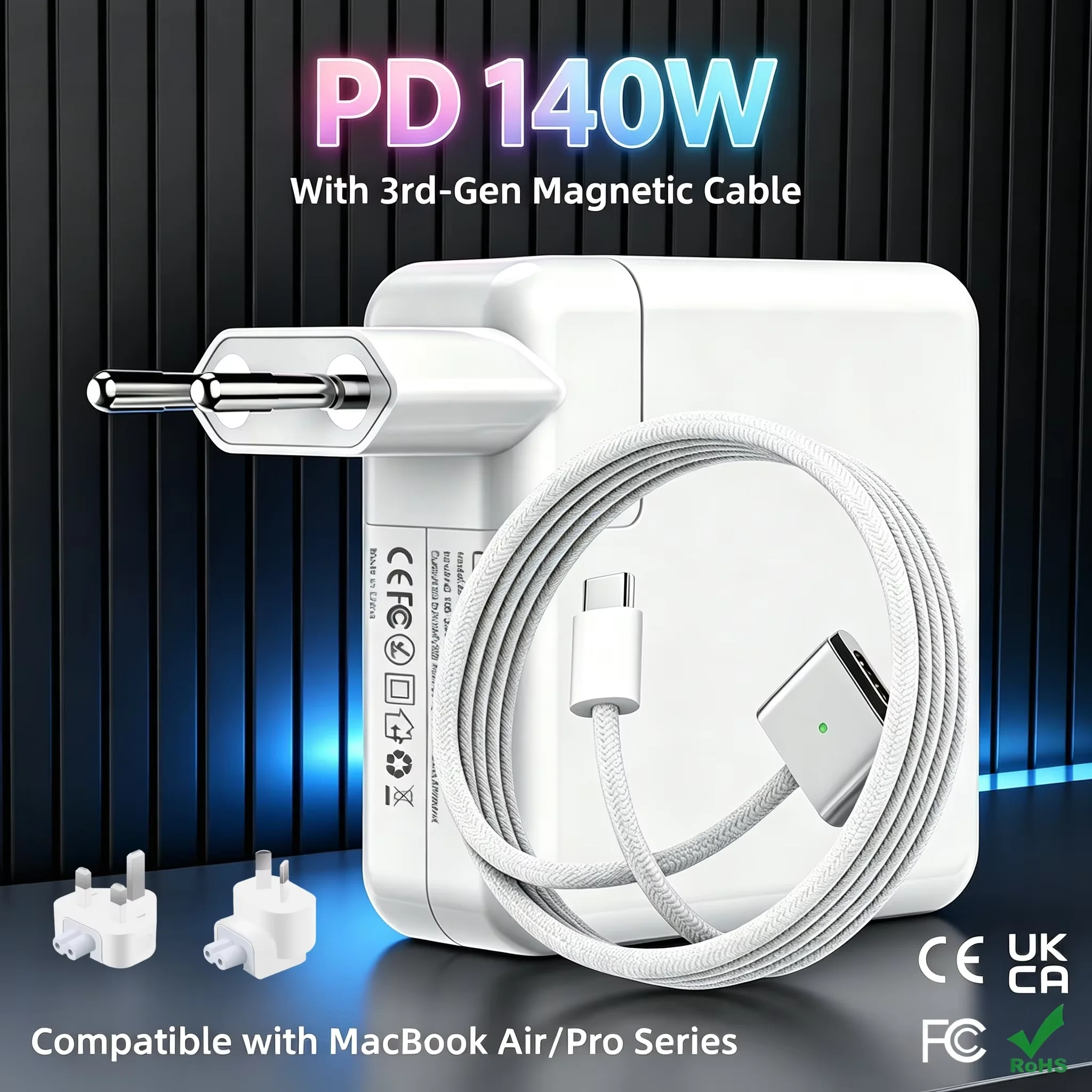140W PD Magnetic Fast Charger Power Adapter,Compatible With MacBook Pro M3 M2 M1 Air A2442 A2485 A2780 A2918 A2991 Laptop Charge