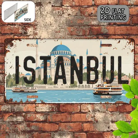 İstanbul Türkiye Mavi Cami & Boğaziçi Feribotu Plaka Stili 2D Düz Baskı Metal Tabela, Kıtalararası Seyahat T