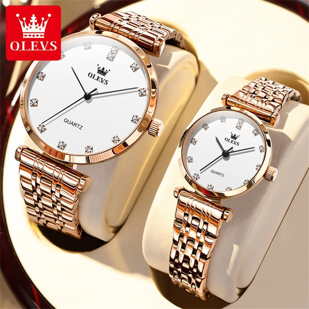 OLEVS-Montre de Couple à Quartz Simple pour Homme et Femme, Accessoire de Luxe, en Or Rose, avec Bracelet en Acier Inoxydable, Étanche, pour Amoureux, Nouvelle Mode