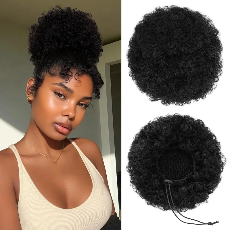 7Inch Synthetic Kinky Curly Drawstring Hair Bun for Women Short Afro Curly Messy Hair Bun Ponytail Hairpiece Adjustable Hair