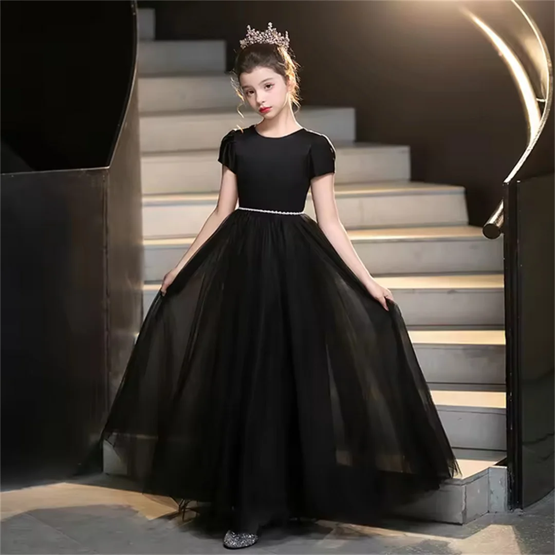 Flower Girl Dress Children's Elegant Black Mesh Back Hollow Dress Girl's Christmas Dress Children's Evening Dress