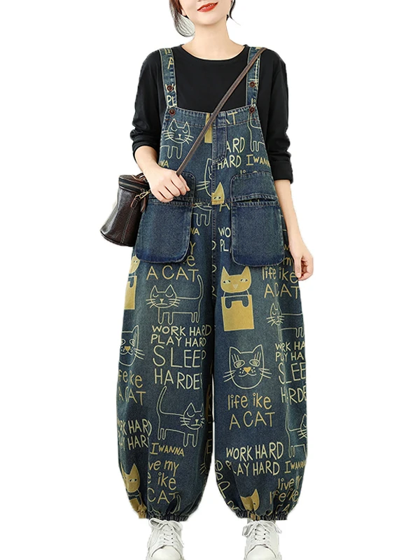 Mono vaquero para mujer Thiened Fce Casual Harajuku holgado estampado artístico pantalones de papá cintura alta mezcla de algodón y poliéster