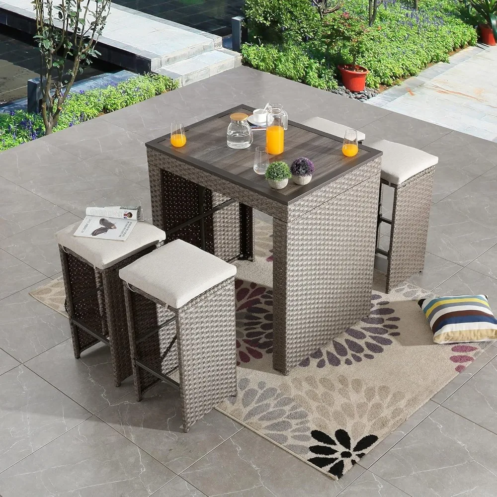 

5-Piece Outdoor Bar Set with Patio Stools and Rattan Table Pub Height Wicker Furniture, Removable Cushions for Backyards, Porch