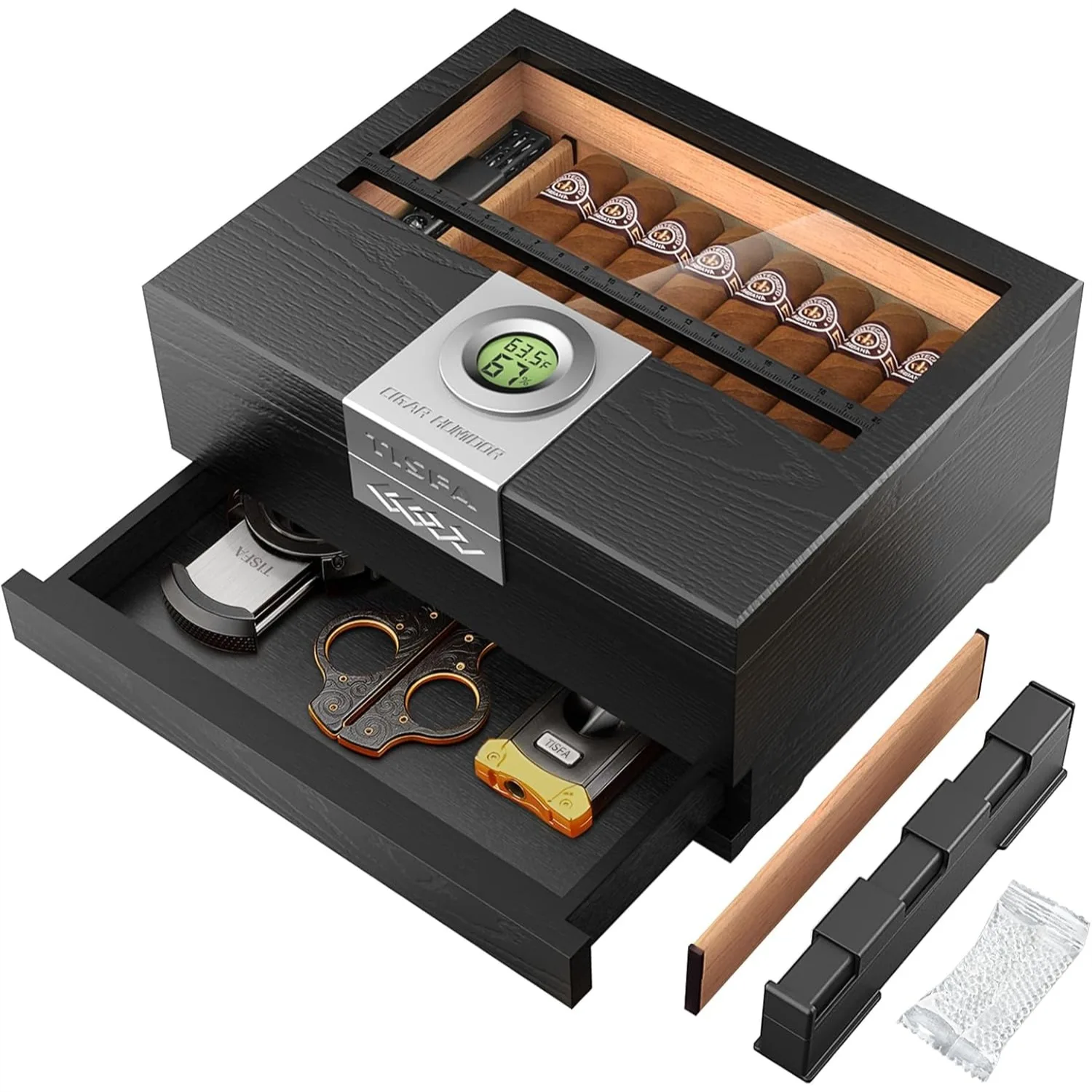 

Cedar Wood Humidor Box with Digital Hygrometer, Adjustable Humidifier, Glass Top Storage for 20-30 Cigars, Black