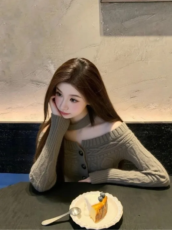 

Korean Sle Khaki Color adient Sweater Women's Faionable Ele Off-oulder Bowed Design Thiened Winter Spring Autumn