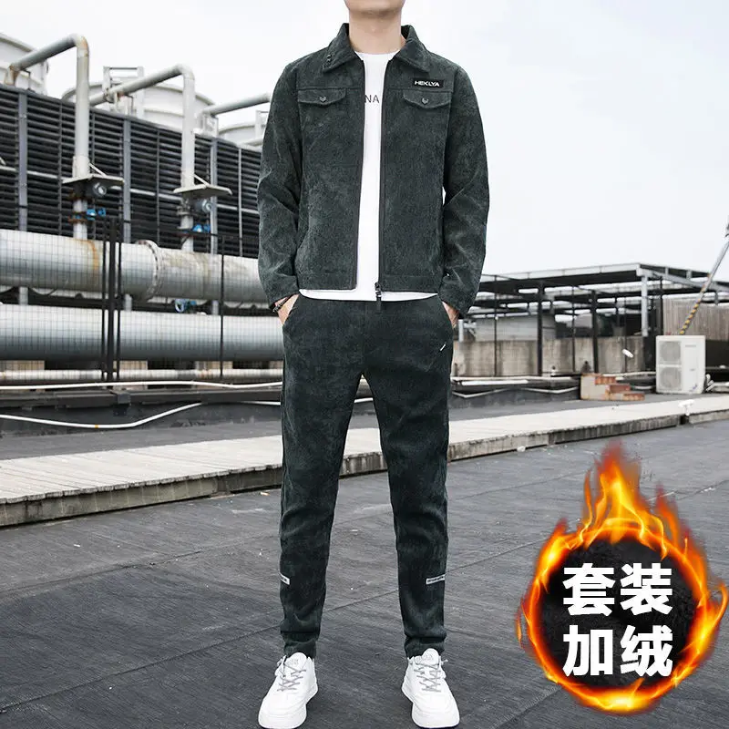 Corduroy Autumn and Winter Clothes Men's Suit Men's Casual Outdoor Jacket Korean Version Slim Young Men's Two-piece Set