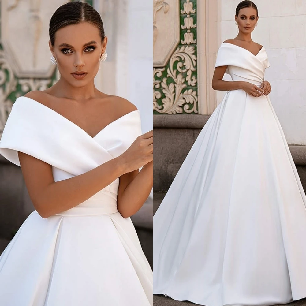 

Customized White Satin 2025Wedding Dress Exquisite Ruched Sexy V-neck Fashion A-Line Bridal Party High QualityBridal Gowns