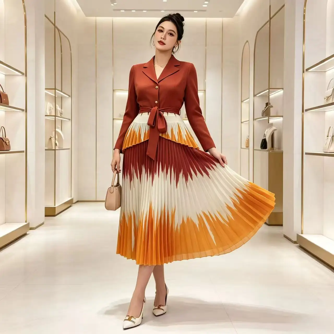 2026 Suit Collar Miyake Pleated Dress Gradual Change Printed Lace-up Waist Long Sleeve Organ Pleated Dress
