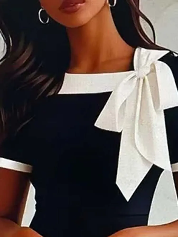 مثير التعادل حتى Bowknot س الرقبة فساتين الحفلات الربيع التباين اللون سليم Bodycon الوركين فستان المرأة قصيرة الأكمام المرقعة فستان صيفي