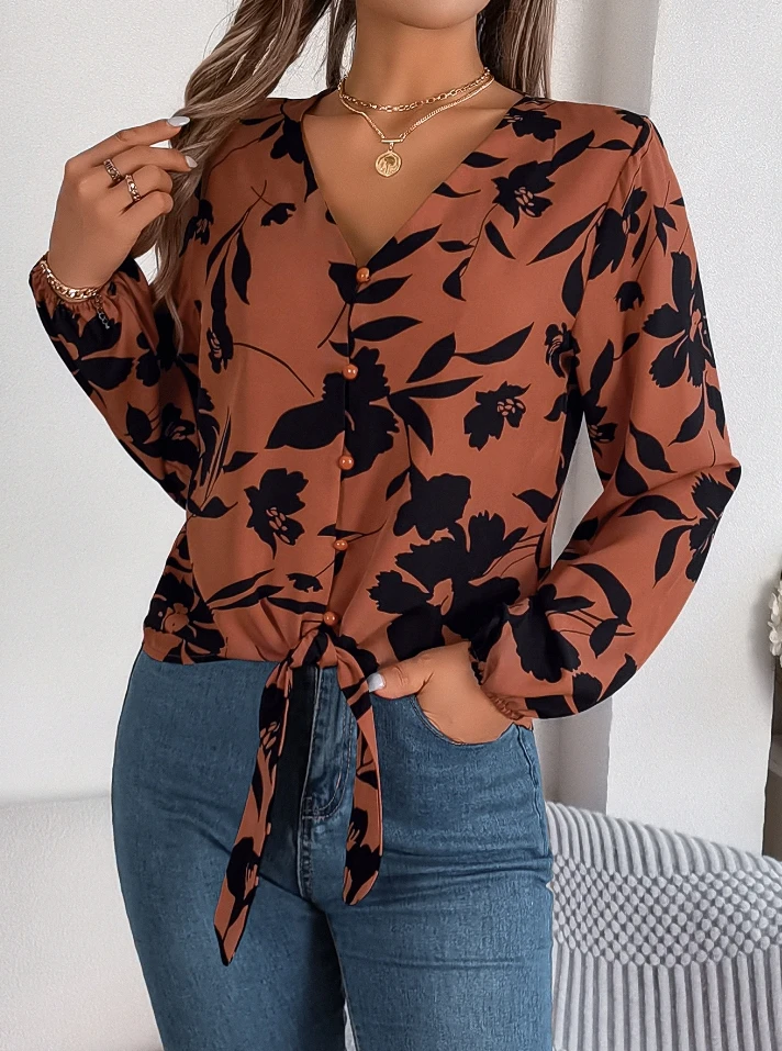 Vintage Women\'s Blouse Casual Trendy Contrasting Floral Print V-Neck Button Down Lantern Long Sleeves Lace Up Hem Chiffon Shirt