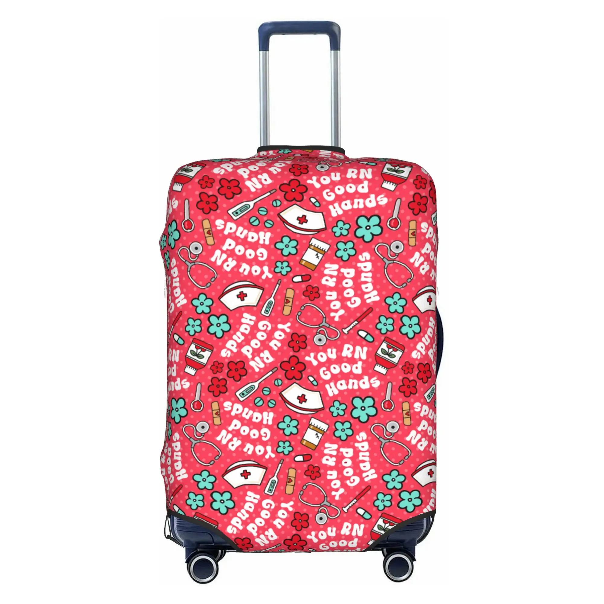 Nurse You RN Good Hands  Travel Luggage Cover Washable Nursing Floral on Cherry Red Suitcase Cover Protector Fit 18-32 Inch