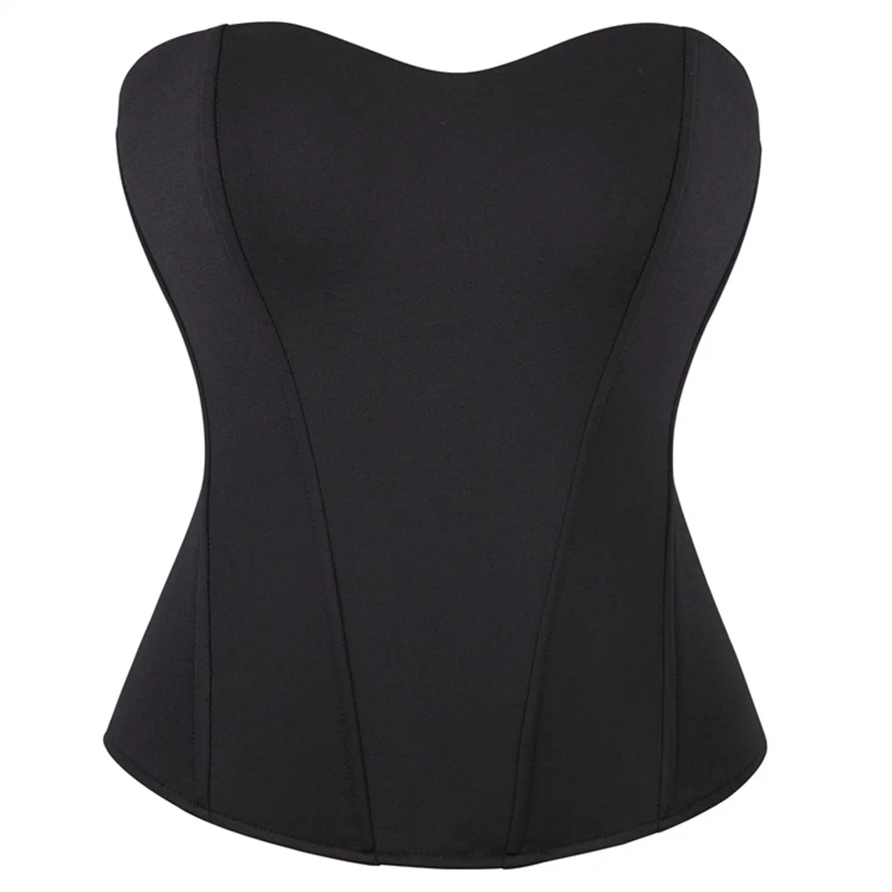 

Women Elastic Fabric Overbust Corset Top Black Simple Fit Curve Seamless Back Zipper Fishbone Sexy Body Shaper Strapless Bustier