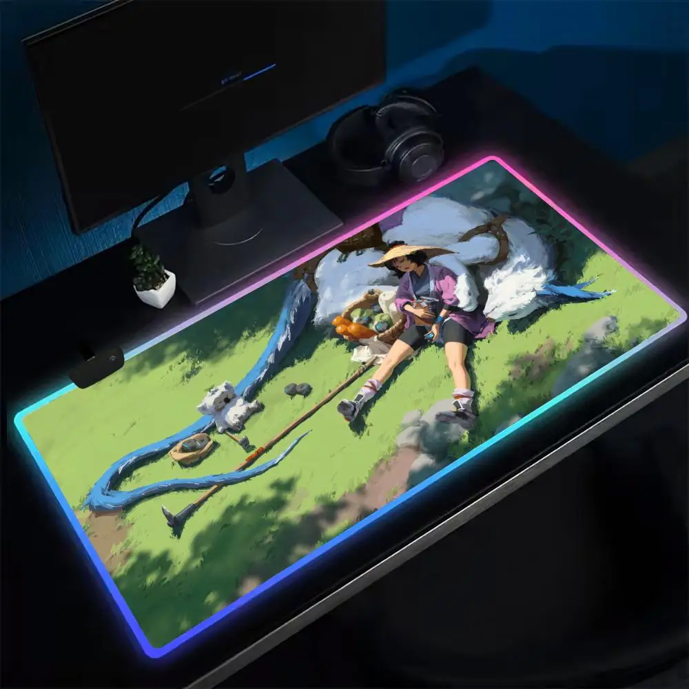 

19-Water Magician illustration Mouse Pad Anime Gaming Mouse Pad LED Table Pads Backlit Rubber Desktop XXL RGB Desk Mats