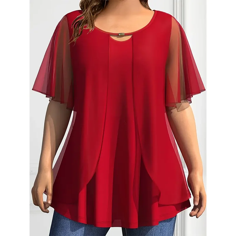 Blusa de gasa de talla grande para mujer, Top sólido con cuello redondo, Jersey suelto, camisas de manga corta, ropa informal de verano