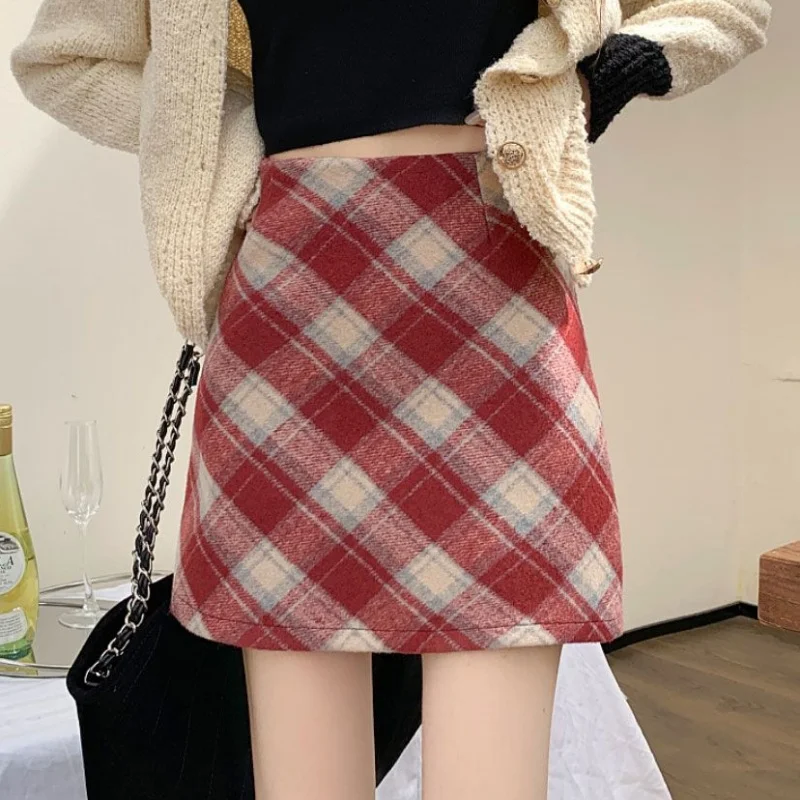 Fall Winter Plaid Wool Skirt Womens Thick Woolen Red Tartan Mini Skirt Classic Saia Feminina Christmas Outfit