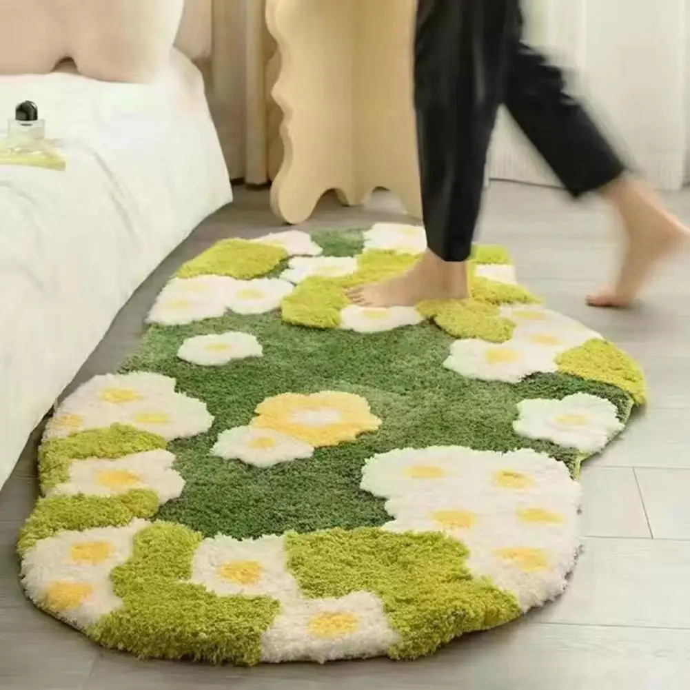 Green Moss Tufted Rug Anti-slip Mat Thick Non-slip Bathroom Rug with Cartoon Flower Print Soft Absorbent Moss Carpet for Shower