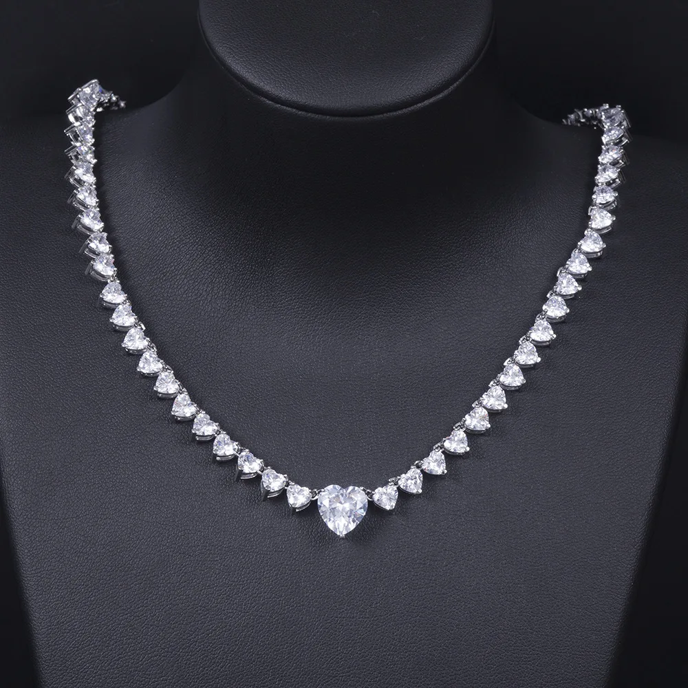 HIBRIDE Luxury Heart Design Bling CZ Necklace&Pendant for Women Bridal Fashion Party Jewelry Accessories bijoux femme N-955
