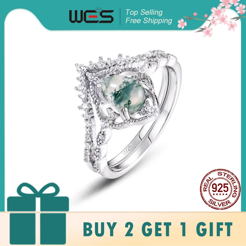 

WES Natural Moss Agate 5*7mm 925 Sterling Silver Crown Promise Ring Sets For Woman Wedding Engagement Gift Luxury Jewelry