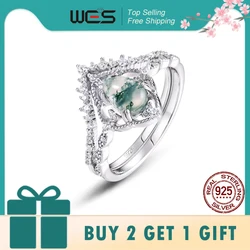 WES Natural Moss Agate 5*7mm 925 Sterling Silver Crown Promise Ring Sets For Woman Wedding Engagement Gift Luxury Jewelry
