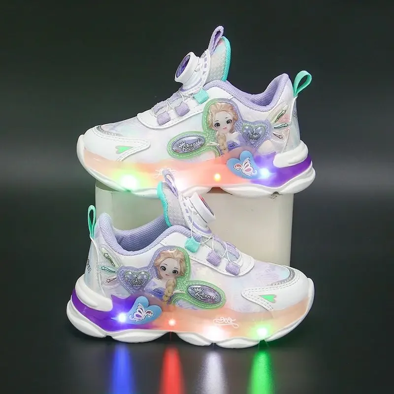 Disney led Lights elsa Princess Shoes rotating buttons Children's fall shoes leather waterproof mesh breathable and warm velvet