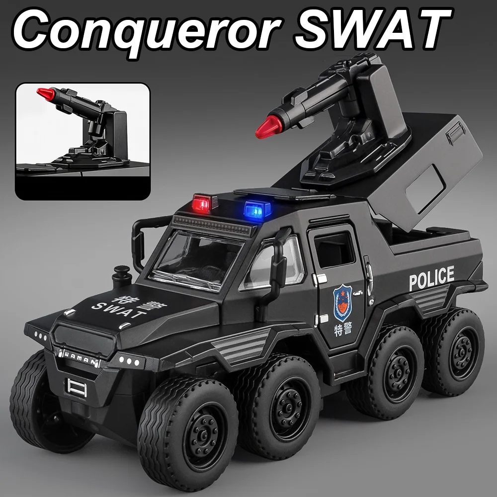 1:36 Conqueror SWAT Véhicule blindé en alliage moulé sous pression, modèle de voiture jouet avec portes ouvrables, pneus en caoutchouc, voitures à rétrofriction, cadeau de festival pour ami