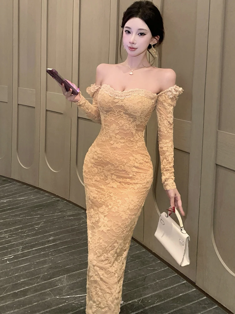 2025 New Lace Jacquard Floral Sqaure Collar Sexy Long Dress Autumn Winter Korean Bodycon Dress Women Elegant Luxury Party Dress