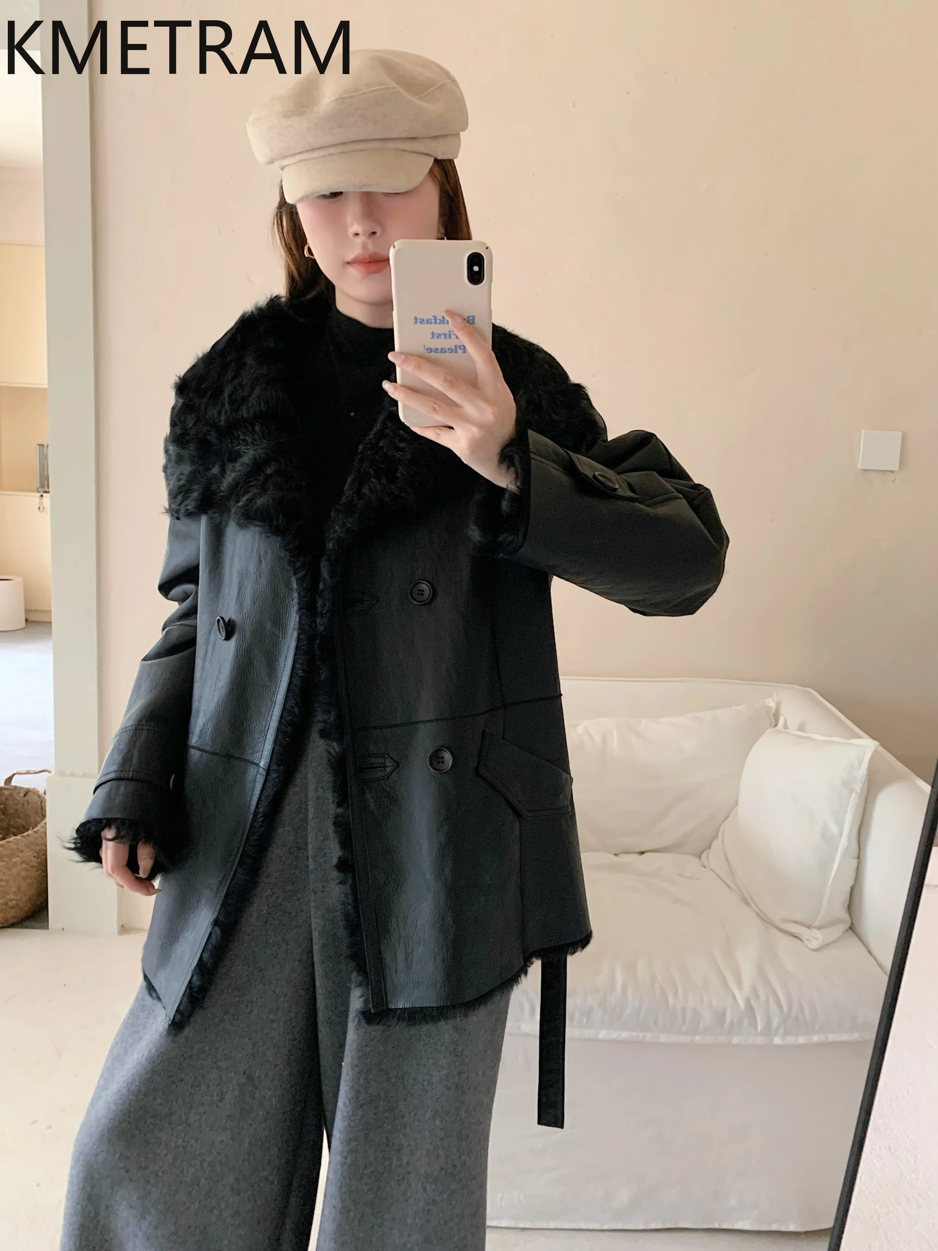 KMETRAM Natural Wool Sheepskin Double Faced Fur Coat Woman Luxury Mid Length Real Fur Jacket 2025 Winter Clothes шуба женская