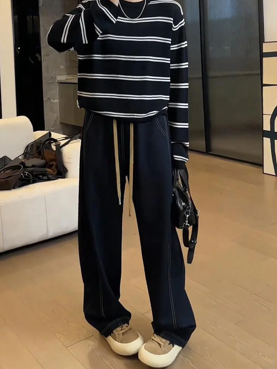 European Style Drawstring Wide Leg Jeans Women's New plus Size Loose Slimming Pear Shape Body Bend Knife Straight Tube Pants