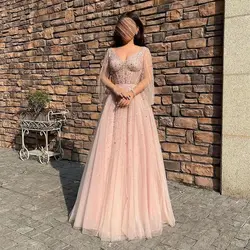 Customized V-Neck A-line Prom Gown Sequin Lace Tulle Exquisite Evening Dresses Floor-Length Backless Party Dress فساتين للحفلات